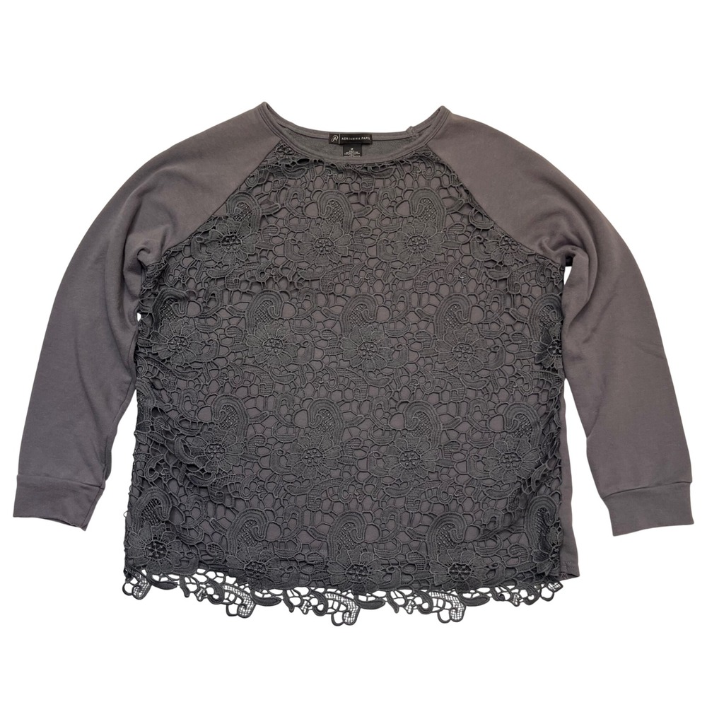 Adrianna Papell Gray Whimsigoth Floral Lace Overlay Lightweight Sweatshirt ToP M